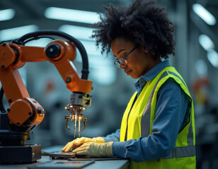 Engineer working with robotic arm in modern factory setting