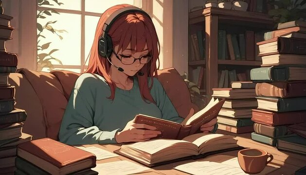 Girl wearing headset and reading a book in her room 방에서 책을 보는 소녀