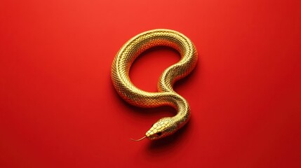 Obraz premium Golden snake coiled elegantly on a vibrant red background, showcasing intricate scales and reflective texture, symbolizing luxury, mystery, and transformation in nature.