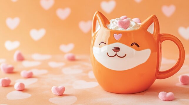 Cute Shiba Inu dog mug of coffee with marshmallows. Banner with place for text. Cosy season sweet drink cup. Friendship or love concept greeting card.