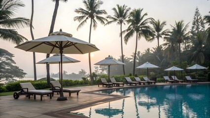 luxurious umbrella and chair arrangement around sparkling outdoor swimming pool of resort, with majestic coconut palm trees standing early morning