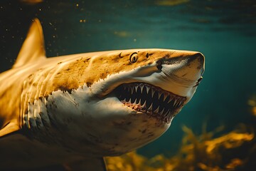 Great white shark swimming in dark water showing its teeth