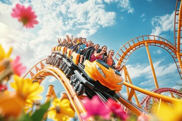 Amusement Park. Exciting roller coasters with colorful landscapes and smiling riders. AI generated image