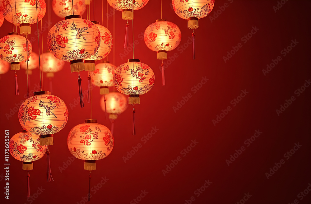 Poster glowing red and gold paper lanterns with floral patterns on a crimson background