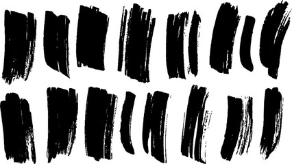 A collection of black and white brush strokes on a white background. Collection of abstract black paint brush strokes in a minimalist style. Strokes of black paint, brush, roller, spatula. Collection 