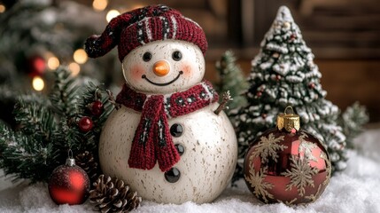 Festive Snowman and Christmas Ornaments