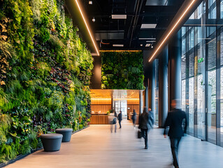 Abstract long exposure motion crowd business people walking commercial centre corporate green office in modern city lobby. Green sustainability natural light indoor plants garden environment