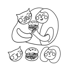 Line art, cute cartoon cat and girl eating hamburger, invitation card, advertising or print, ready logo for your animal projects.