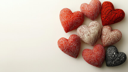 Fototapeta premium Handmade hearts in various colors and intricate patterns, symbolizing love with copy space for text