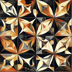 Geometric abstract pattern featuring pyramidal shapes in warm tones against a dark background, creating a visually engaging design.