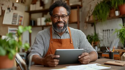 Creative entrepreneur with tablet in art studio environment. Black History Month