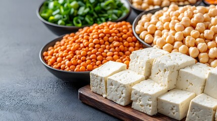 A vibrant spread of fresh ingredients including lentils, chickpeas, green onions, and cubes of tofu, perfect for healthy cooking and plant-based meals.