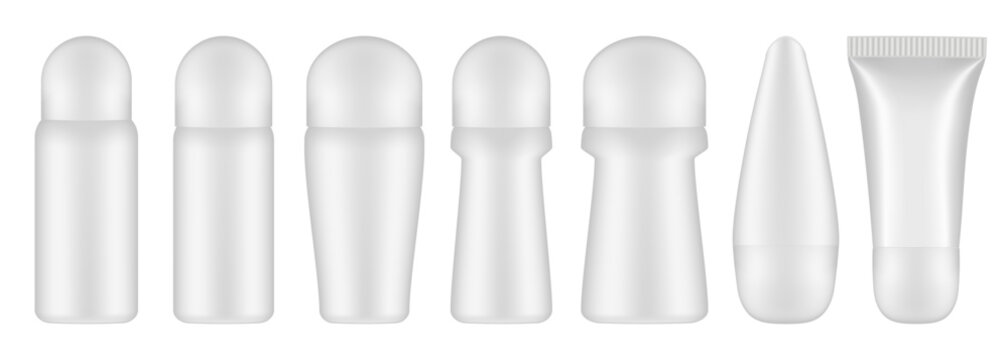 Set of white roller ball bottles. Body antiperspirant deodorant roll-on, closed blank bottles with screw cap. Realistic vector mockup