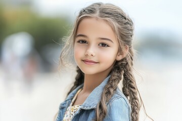 Young caucasian female child with braided hair smiling outdoors.