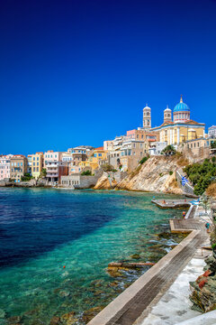 Vaporia neoclassical district and St. Nicolas cathedral of Ermoupolis town in the island of Syros, Cyclades, Greece