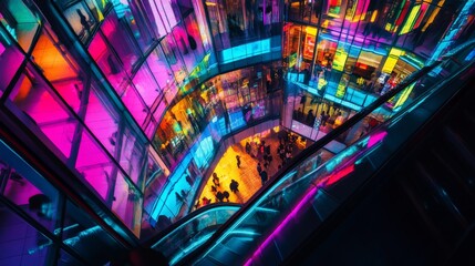 Vibrant multicolored urban mall with neon lights and crowds on escalators.