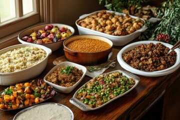 Fototapeta premium A vegetarian buffet table with an array of dishes, including lentil stews, quinoa salads, and roasted seasonal vegetables