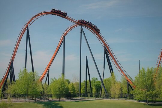 Exciting roller coasters with vibrant tracks and cheerful riders under a bright sky. Amusement Park. AI generated image