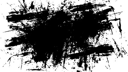Abstract black paint splatter on white background. Stylish, grunge with a rough, worn look in dust and scratches on a white background. Brush strokes, stain grunge isolated on white background, 