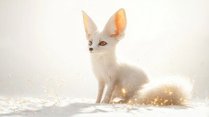 Enchanting Aura of a Mystical White Fennec Fox with Glowing Fur Embers and Flame Tail on a Golden Spark Scatter Background