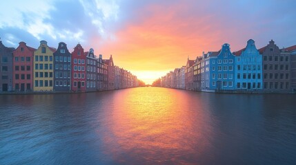 Obraz premium Colorful canal houses at sunset reflecting in the water.