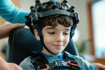Caucasian child undergoing neurological testing with advanced eeg headset.