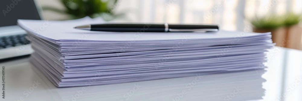 Aufkleber stack of paper sheets with a pen lying on top, placed on a white desk in an office environment, sugg