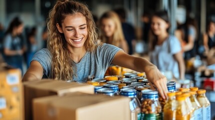 A woman volunteers at a food bank, organizing jars and boxes with a joyful expression.