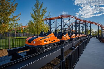 Exciting roller coasters with vibrant tracks and cheerful riders under a bright sky. Amusement Park. AI generated image