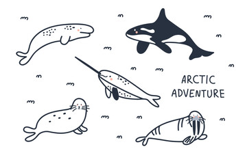 Arctic sea animals doodle. Polar fish and mammal line. Northern cute cold ocean inhabitants. Whale, narwhal, orca, beluga. Wildlife design. Cartoon flat isolated north wildlife fauna illustration set