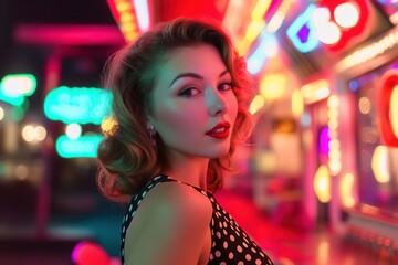 Fototapeta premium Retro 50s pin-up style woman in polka dot dress with vibrant neon lights.