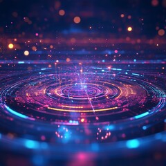 A Vibrant digital abstract with glowing circles and lines, representing data flow and technology