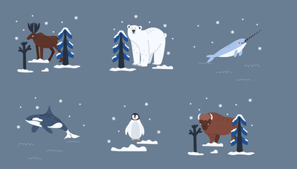 Arctic animal. Polar bear. Northern cute inhabitant. Character in snow forest. T-shirt print, card or poster. Childish and baby decorative cute cartoon flat isolated north wildlife fauna illustration