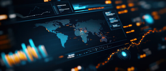 Futuristic digital dashboard with global analytics and data visualization