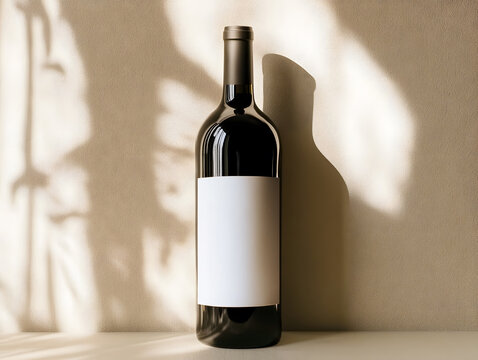 Minimalist wine bottle mockup with blank label and soft shadows on a neutral background. - Powered by Adobe