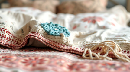 Naklejka premium Crocheted Blanket with Teal Flower Appliqué on Patterned Fabric