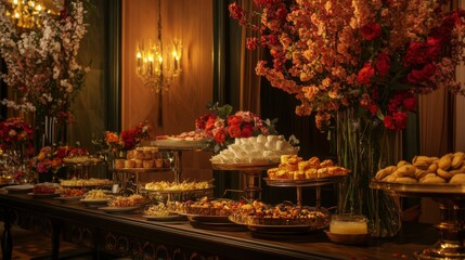 A wedding catering service featuring a beautifully decorated buffet table, complete with floral arrangements and fine dining details