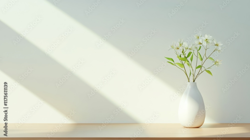 Leinwandbilder sunlight streaming through, illuminating white flowers arranged in a vase atop a wooden table, creat