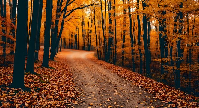 Autumn Forest Path  Golden Leaves  Winding Road