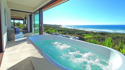 Fototapeta premium Oceanfront Luxury: Indulge in a Tranquil Hot Tub with Breathtaking Coastal Views
