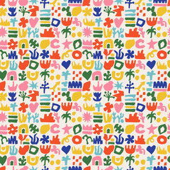 Obraz premium Abstract seamless pattern. Floral and geometry organic. Leaf flowers element decorative, Matisse style, doodle floral nature background. Decor textile, wrapping, wallpaper. Print for fabric. Vector