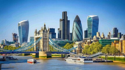 Naklejka premium London cityscape with bridge, river, and modern buildings.