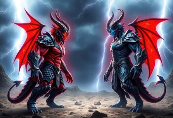 Epic Battle of Fire and Ice: Clash Between the Red Demon and Blue Devil Amidst a Stormy Sky. Devil and Angle