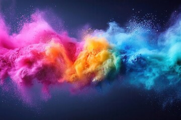 rainbow powder paint bursts in a vibrant explosion against a stark white backdrop showcasing swirling hues of pink blue yellow and green in a dynamic energetic display