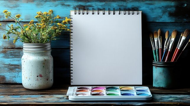 Artistic workspace, watercolor paints, brush jar, blank sketchbook, wooden desk, creative setup, vibrant colors, inspiration awaits