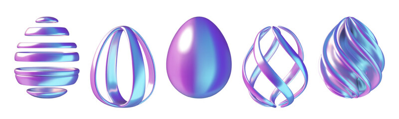 Easter eggs abstract 3d vector illustrations set. Modern minimal holographic blue and purple Easter holiday design elements isolated on white background.