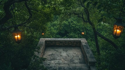 Naklejka premium Stone Balcony Overlooking Lush Green Forest With Lanterns