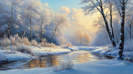 Snowy stream sunrise winter landscape, frosty trees, calm water, peaceful scene, nature art