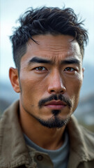 Fototapeta premium Portrait of a Man with Short Dark Hair and Facial Hair