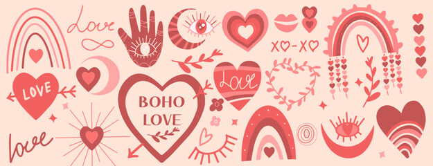 Naklejka premium Valentine's day set in retro boho style. Bohemian romantic happy Valentine day. Boho rainbow, heart and flowers. Vector